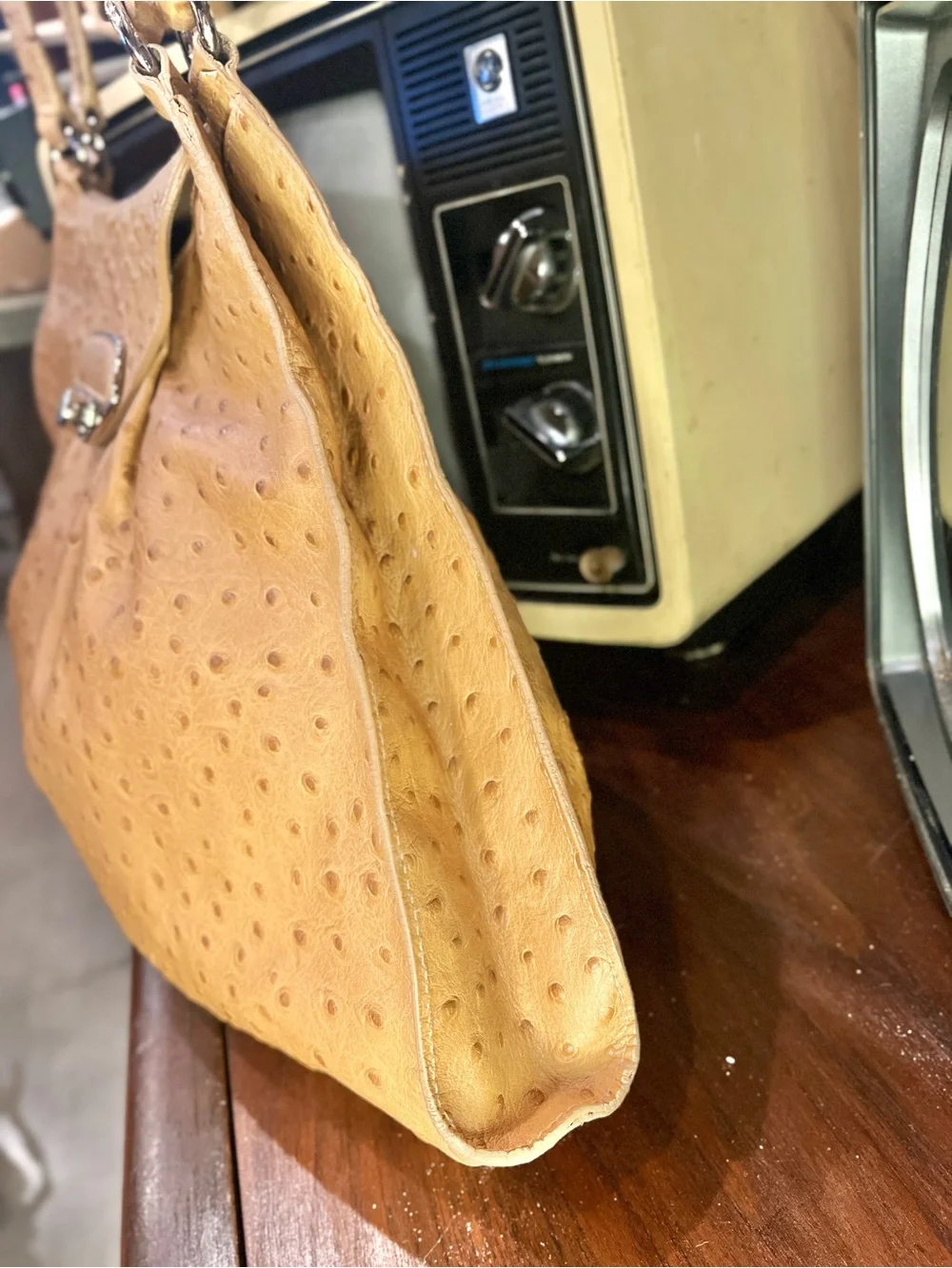 Y2K Vintage Furla Ostrich Embossed Genuine Leather Shoulder Hobo Bag Tan